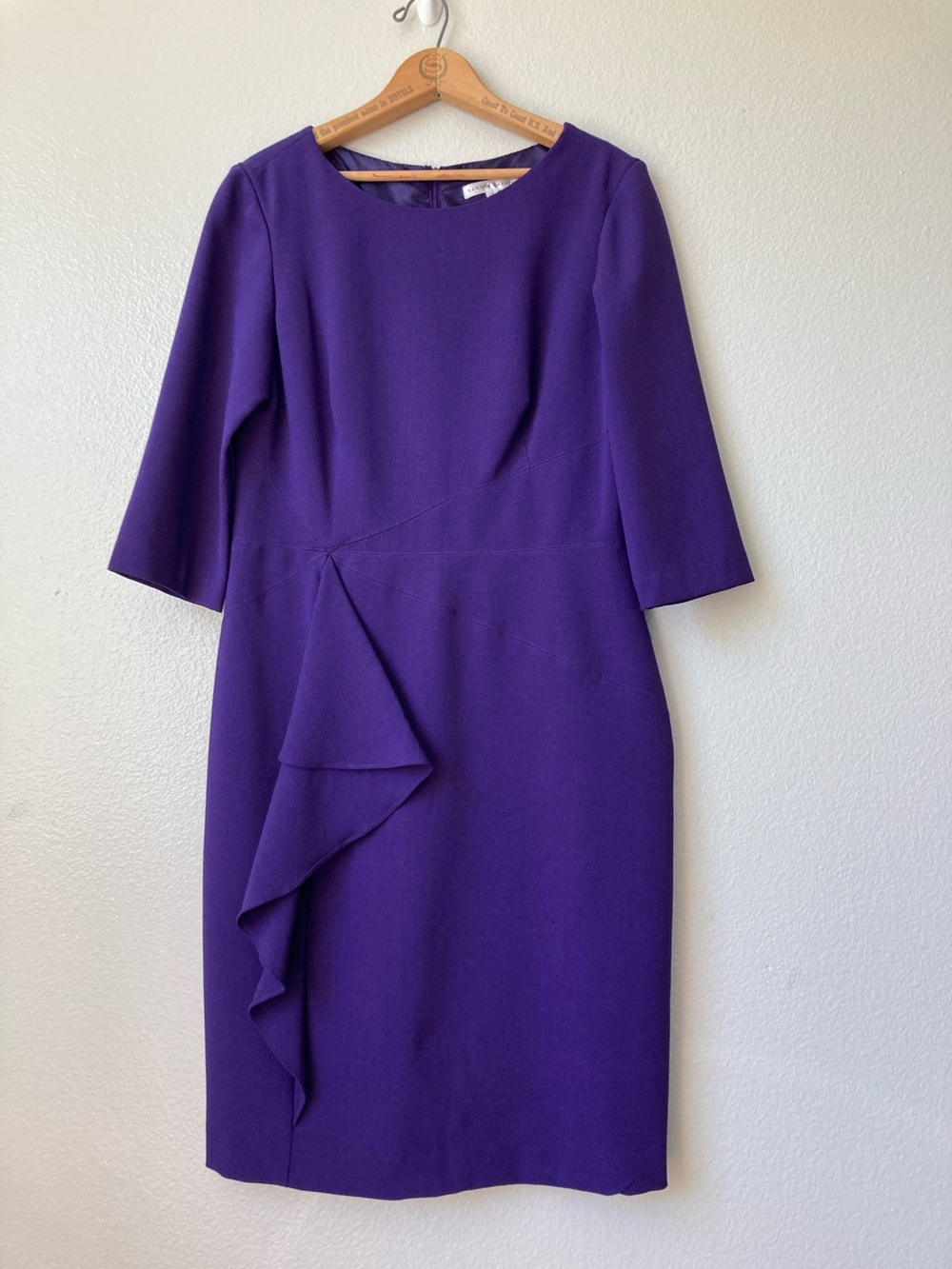 Sandra Darren Purple Cascade Ruffle Sheath Dress 3/4 Sleeves sz 12